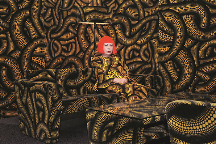 Yayoi Kusama with yellow tree living room at Aichi Triennale