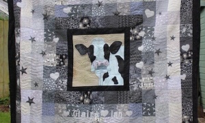 Jayne Lacey, Devon UK. 'Surprise Wedding Cow Quilt' was my first attempt at quilting for my Goddaughter’s wedding