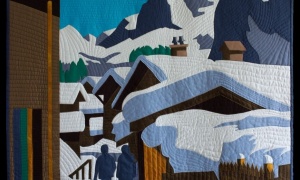 Michael Fitchett, Derby UK. 'Heart of the Alps', vintage travel poster style: from a location sketch in Murren, Switzerland after the winter snows, drifts accumulated in gardens and high on the roofs, the Eiger sharp in the spring sunshine.