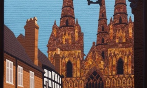 Michael Fitchett, Derby UK. 'Heart of Midlands'  Vintage travel poster style: Lichfield Cathedral Close, Staffordshire, England. Light and shade, quilt with a batik fabric representing the ancient stonework on the West Front.